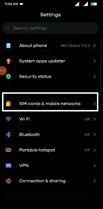 Click On Sim Cards & Mobile Network