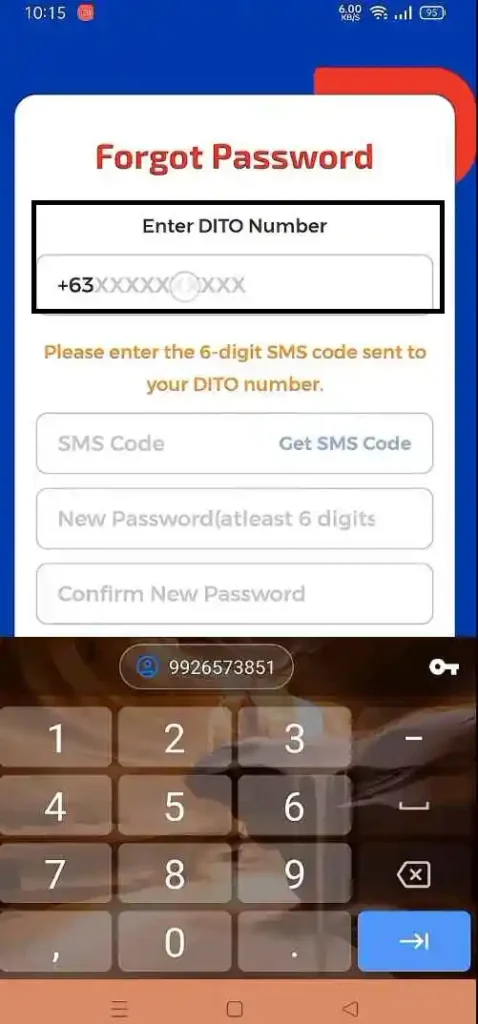 Enter the DITO Mobile Number